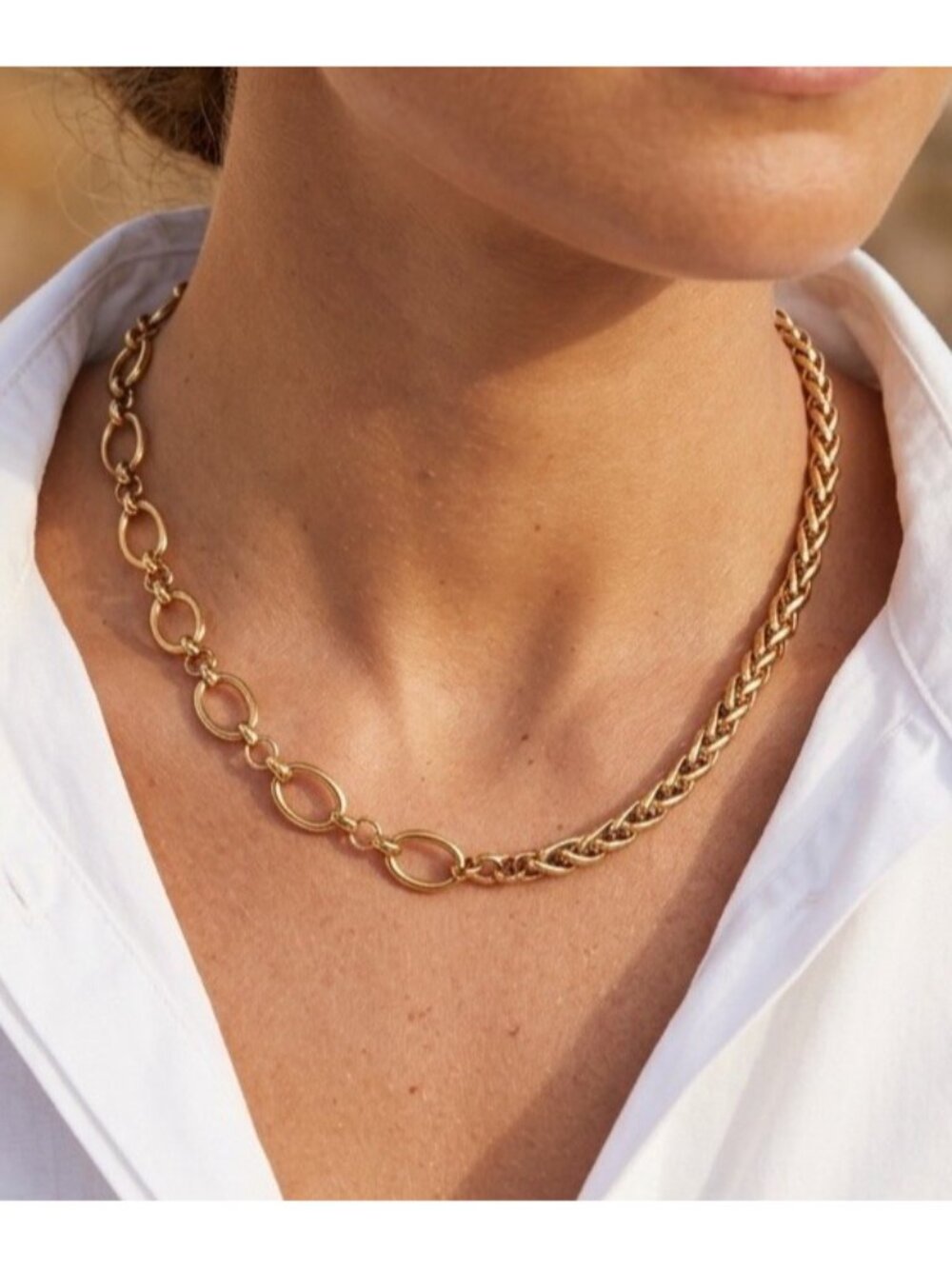 Gold Plated Dual-Style Mixed Link Chain Necklace Stainless Steel Womens Jewelry